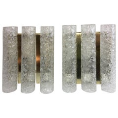 Vintage Pair of 1960s German Brass Three Tubes Doria Glass Sconces