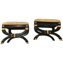 Pair of Ebonized X-Form Footstool or Benches Manner of Maision Jansen