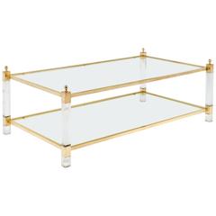 Mid-Century Modern French Lucite and Brass Coffee Table