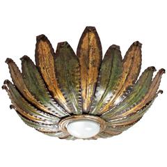 Unusual Spanish 1950s Gilt Iron and Green Sunburst Ceiling Light Fixture