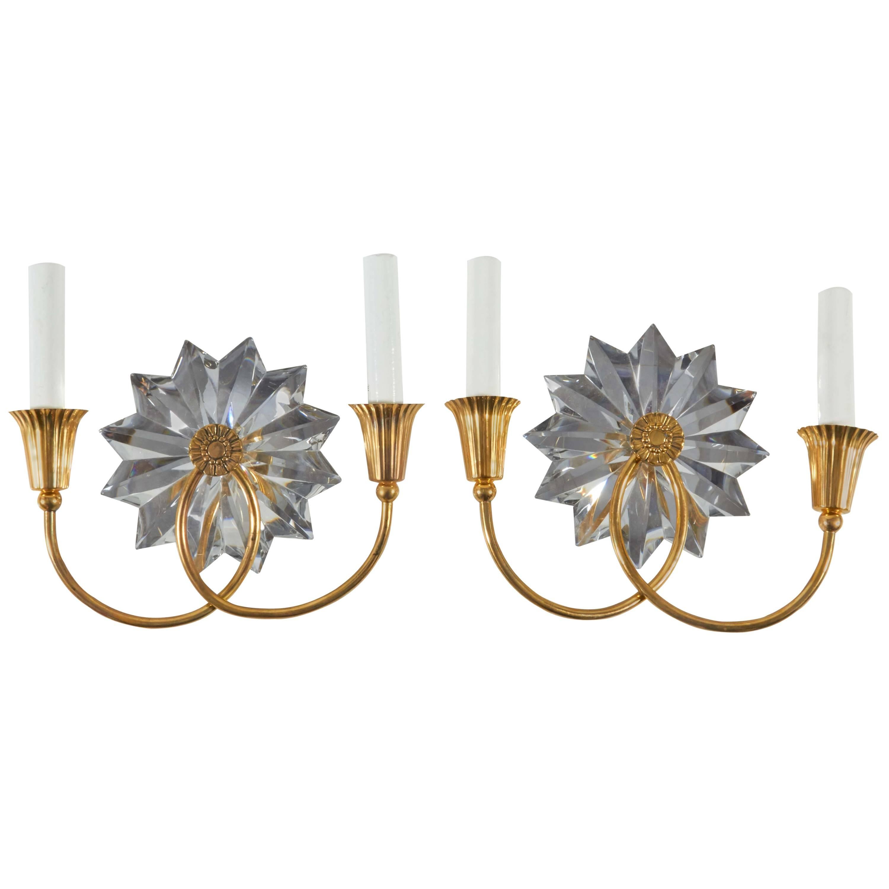 Pair of Brass and Crystal Wall Sconces