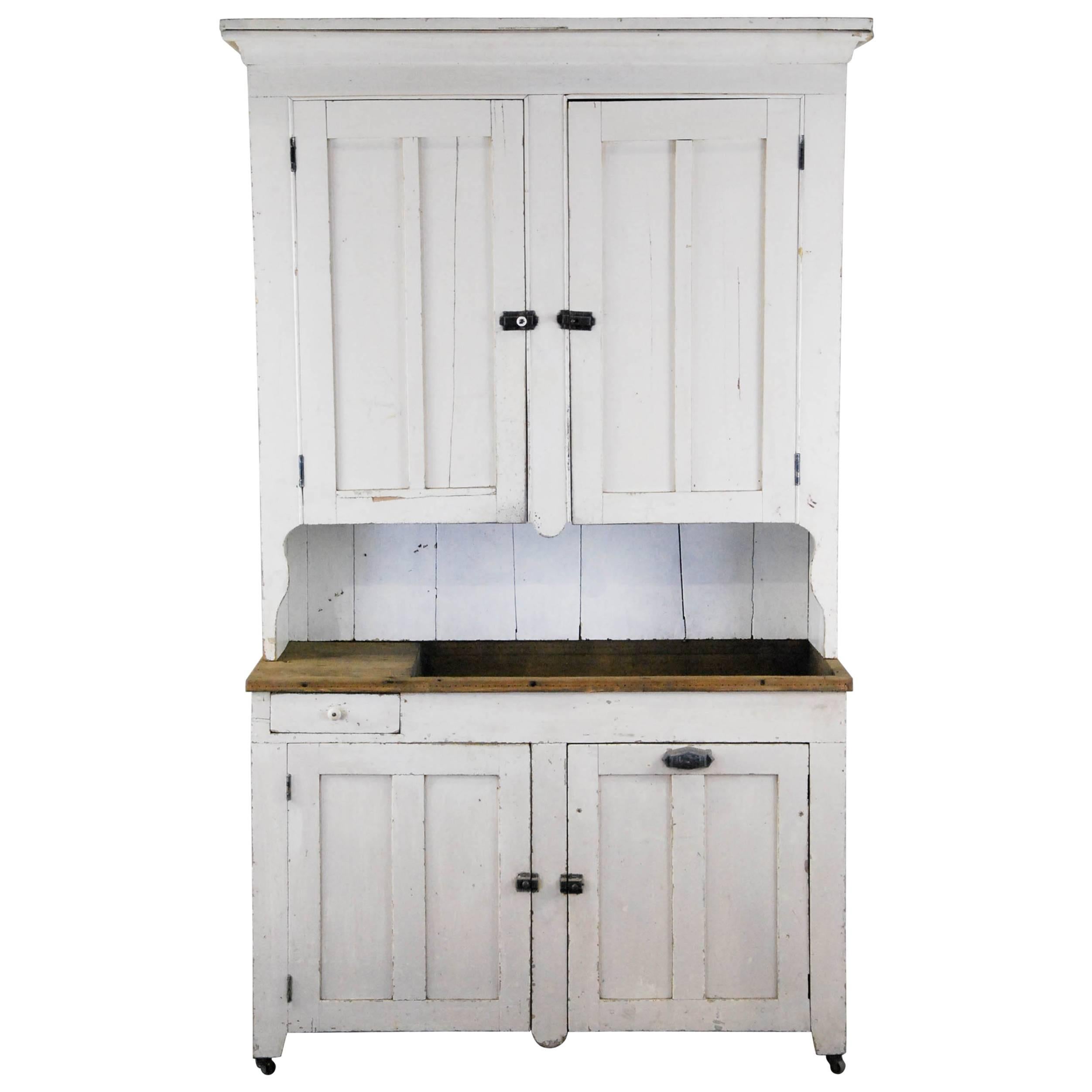 19th Century Two-Piece Original Paint Dry Sink Cupboard