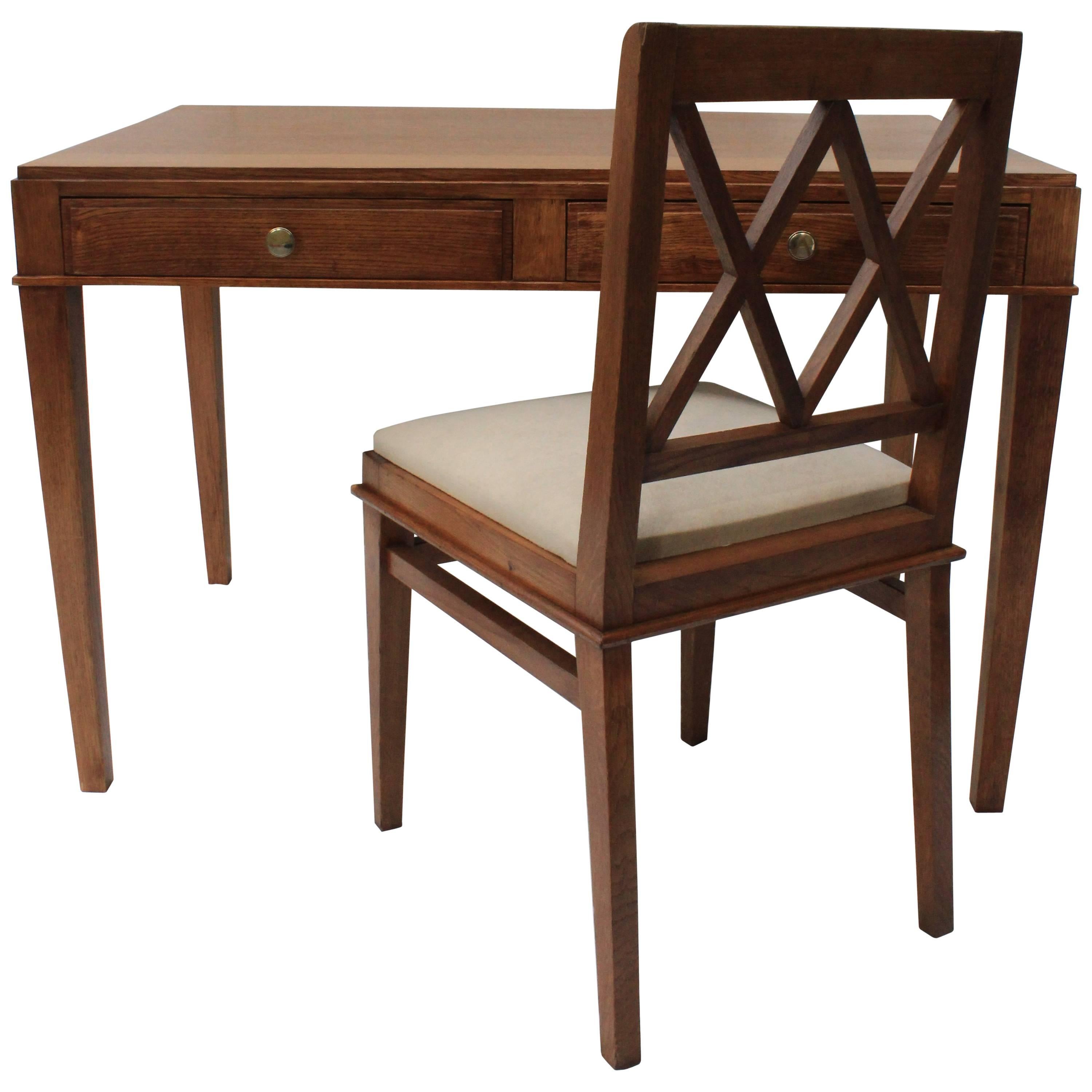 Jacques Adnet Oak Desk and Chair