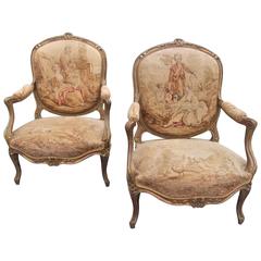 Louis XV Style Fauteuil 'Armchair' in Tapestry After Boucher Four Seasons, Pair