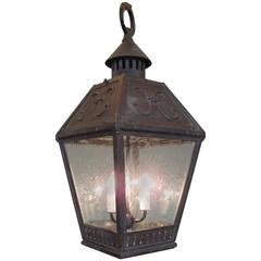 19th Century American Bronze Gas Lantern with Seed Glass