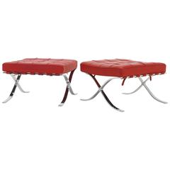 Pair of Red Leather Mies Van De Rohe Barcelona Stools or Ottomans for Knoll