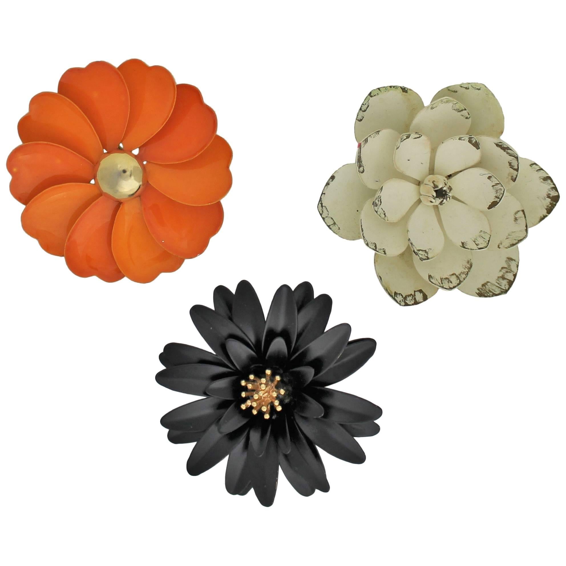 Vintage Trio 1960s Black White Orange Enamel Flower Brooches One Crown Trifari