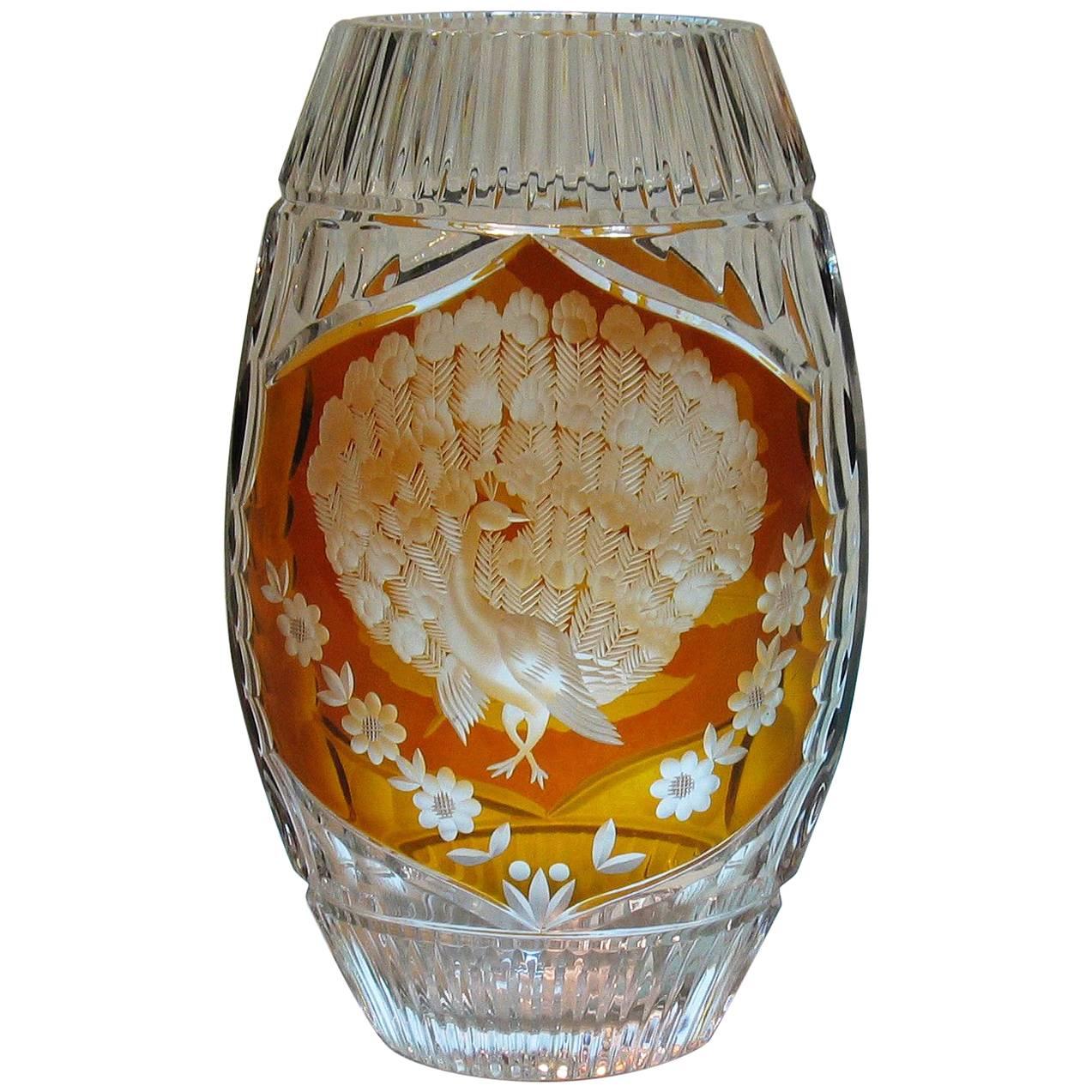 Vaso in cristallo al piombo tagliato a ruota, ambra, Art Deco, Josephine Hutte