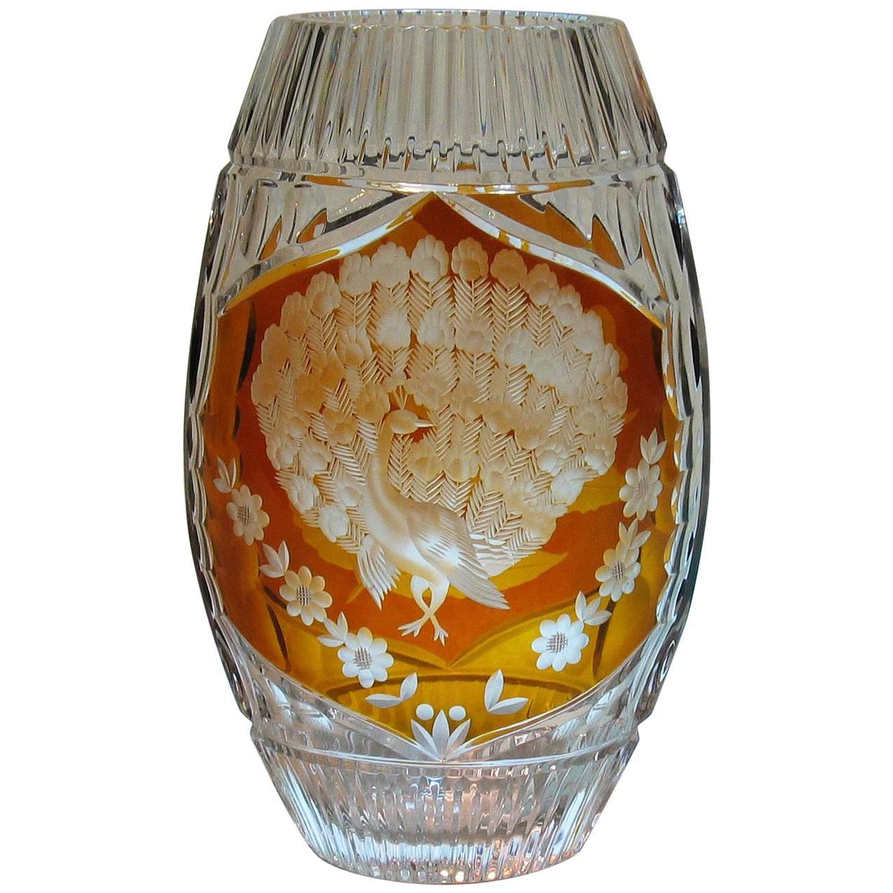 Amber Flashed Wheel Cut Lead Crystal, Art Deco Vase, Josephine Hutte