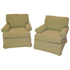 Pair of Skirted Mint Green & Cream Upholstered Occasional Lounge Chairs by Baker