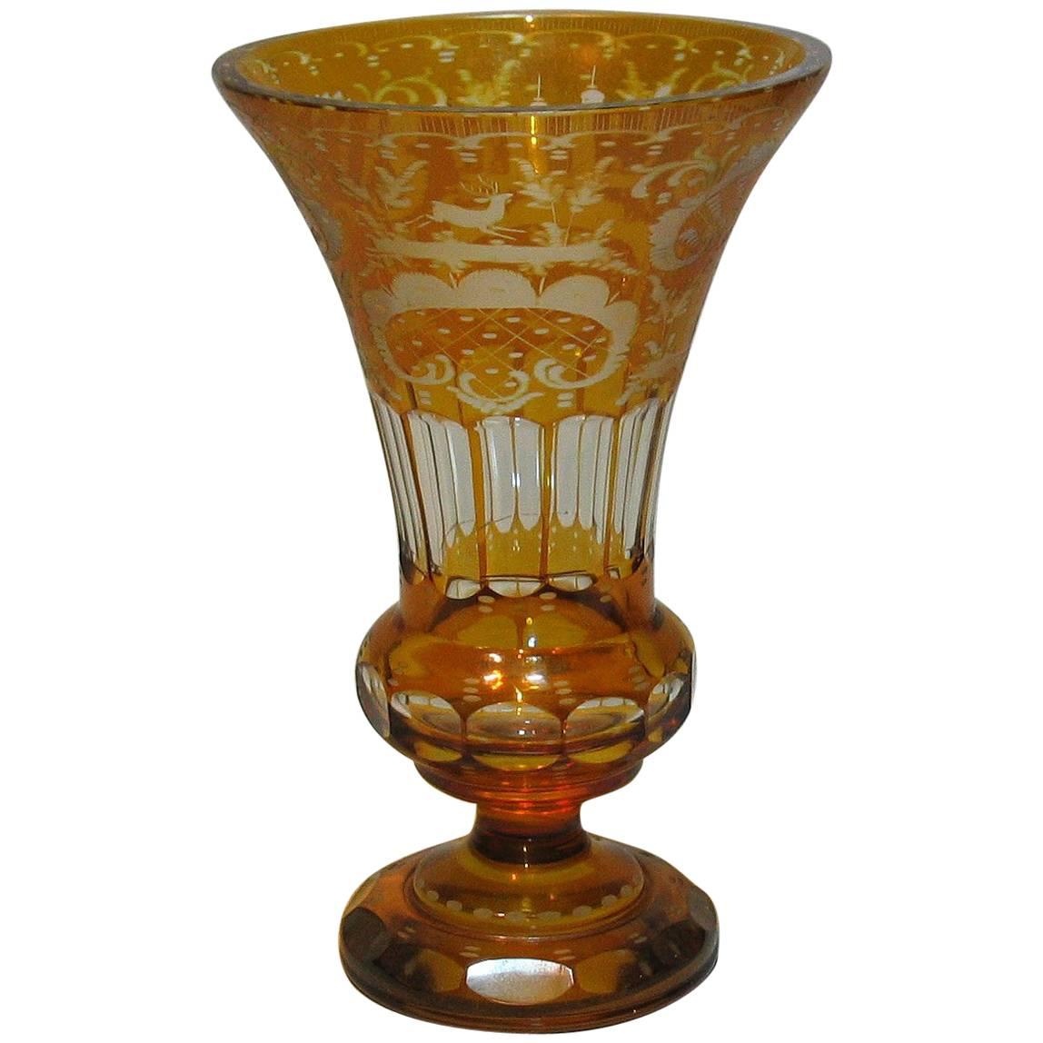 Antique Bohemian Amber Flashed Cut-Glass Vase