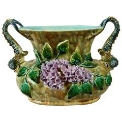 19th French Majolica Lilac Jardinière with Dolphins Handles
