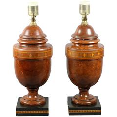 Pair of Neoclassic Style Burl wood and Inlaid Table Lamps