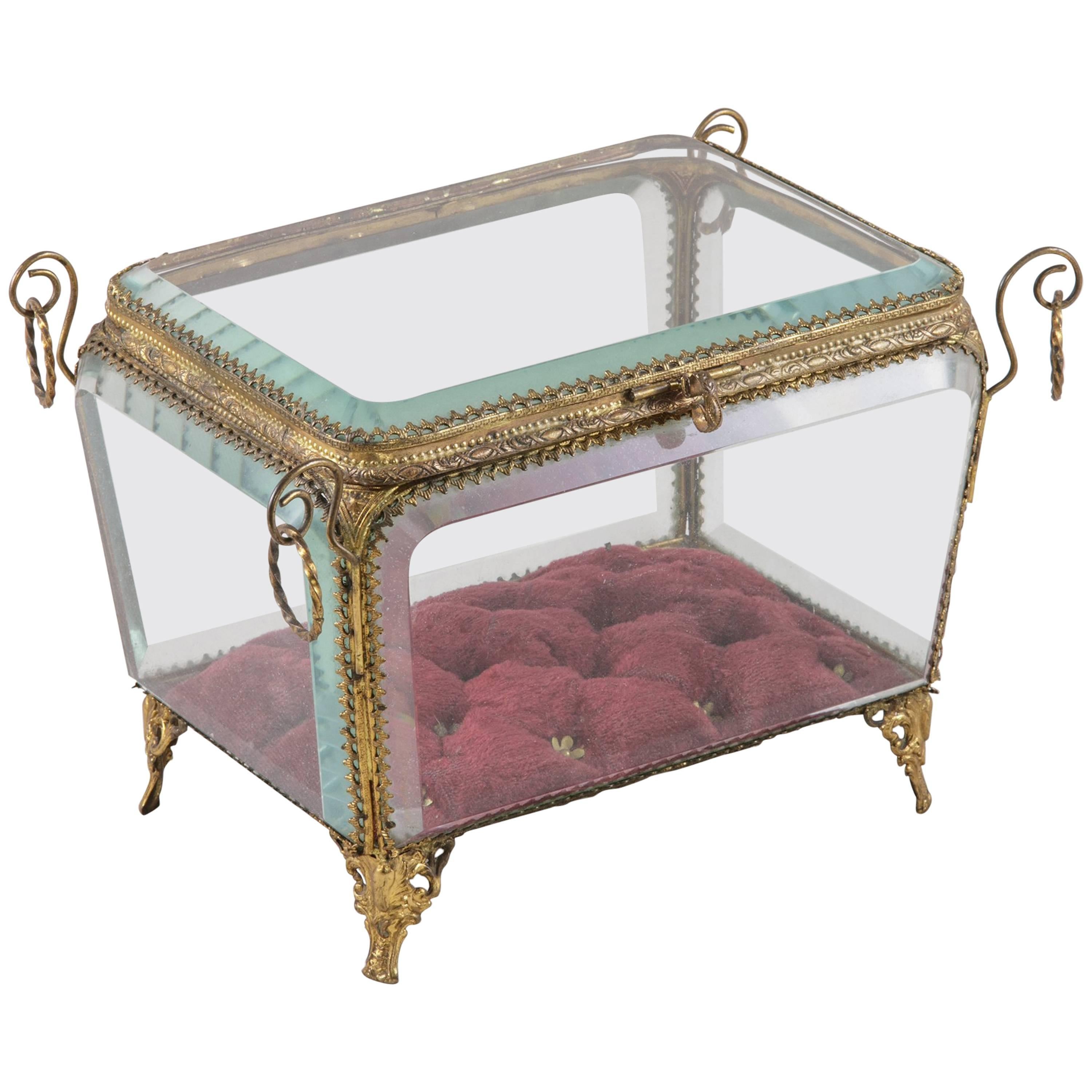 19th Century French Napoleon III Period Cut Crystal and Brass Jewelry Box