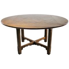 Used Drop Leaf Oak Square-Round Pub Table W/ Parquet Top Distressed Old English Style