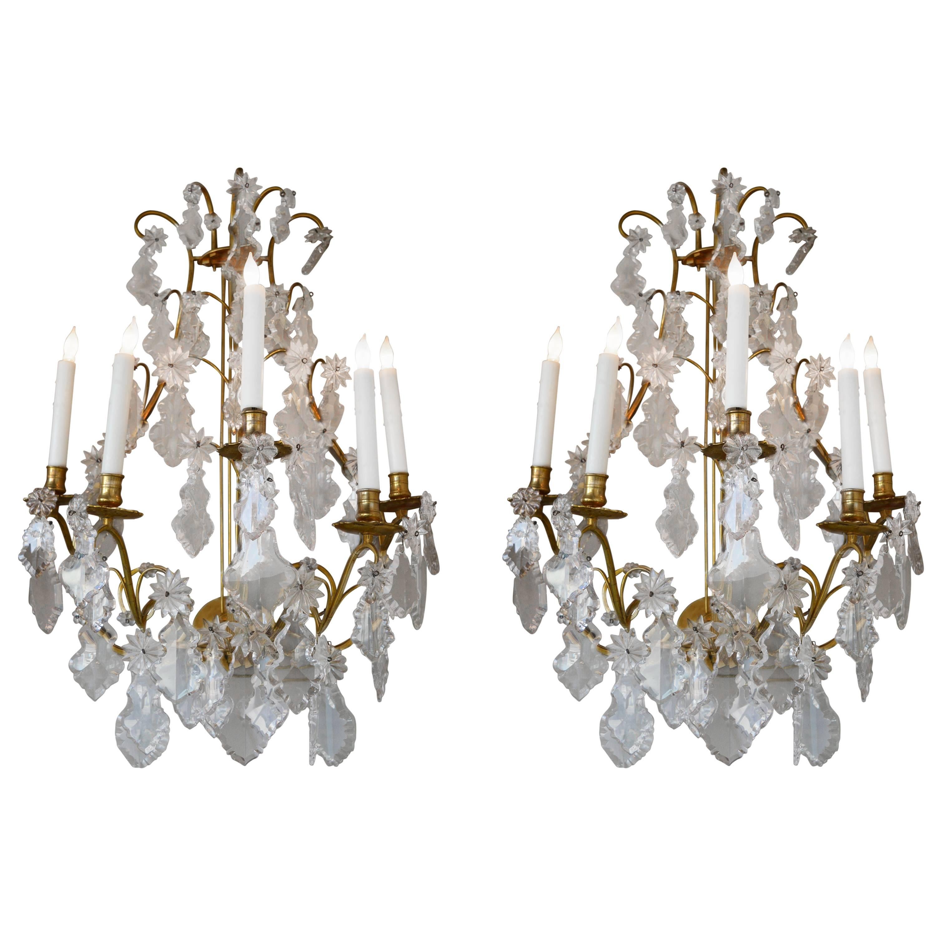 Pair of Bronze and Crystal Sconces