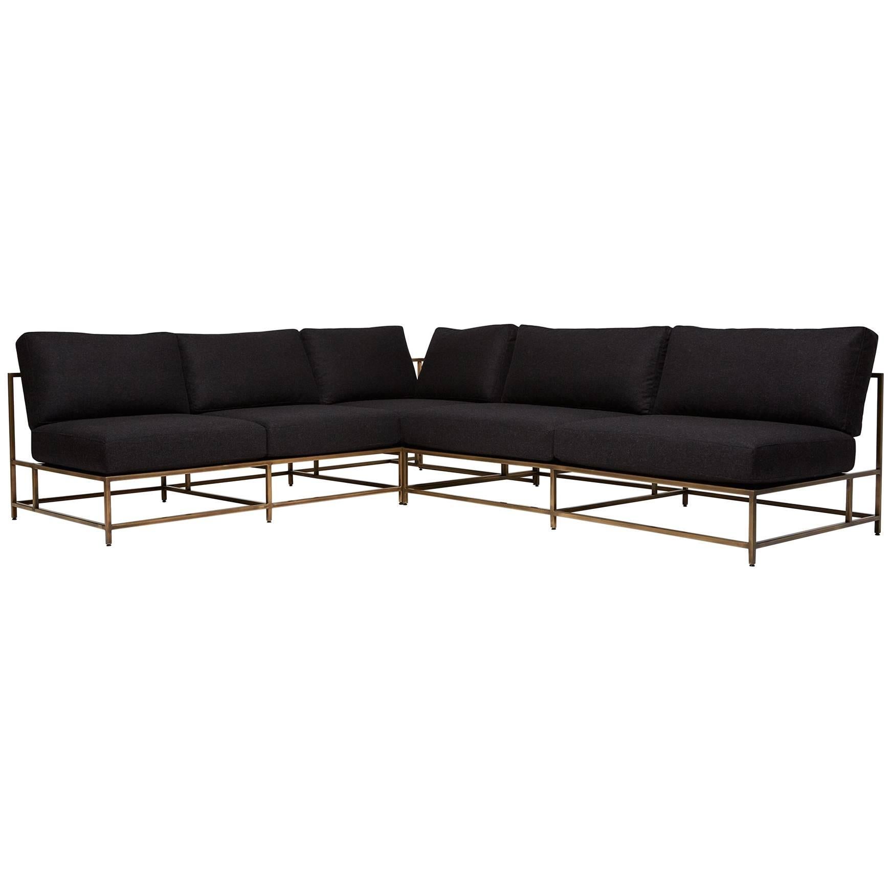 Black Wool & Antique Brass "L" Sectional For Sale