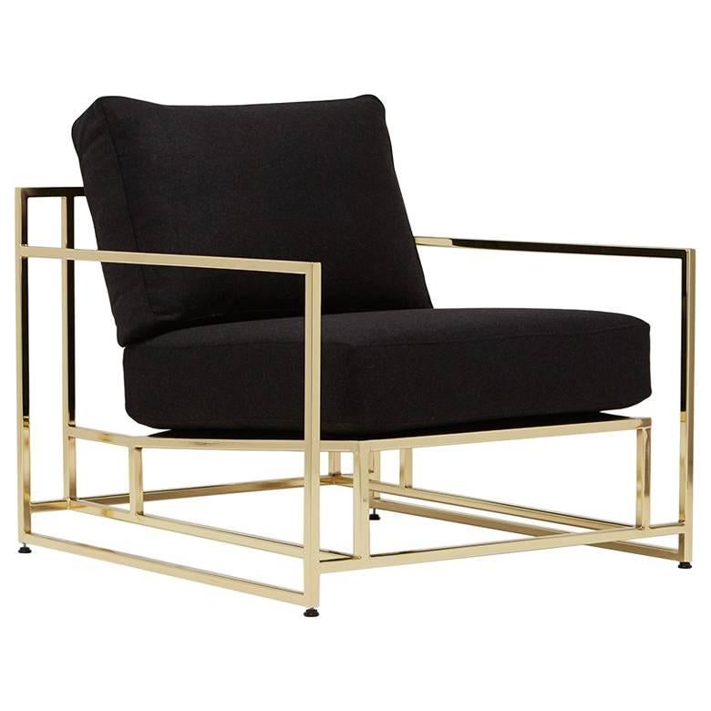 Black Wool and Polished Brass Armchair For Sale