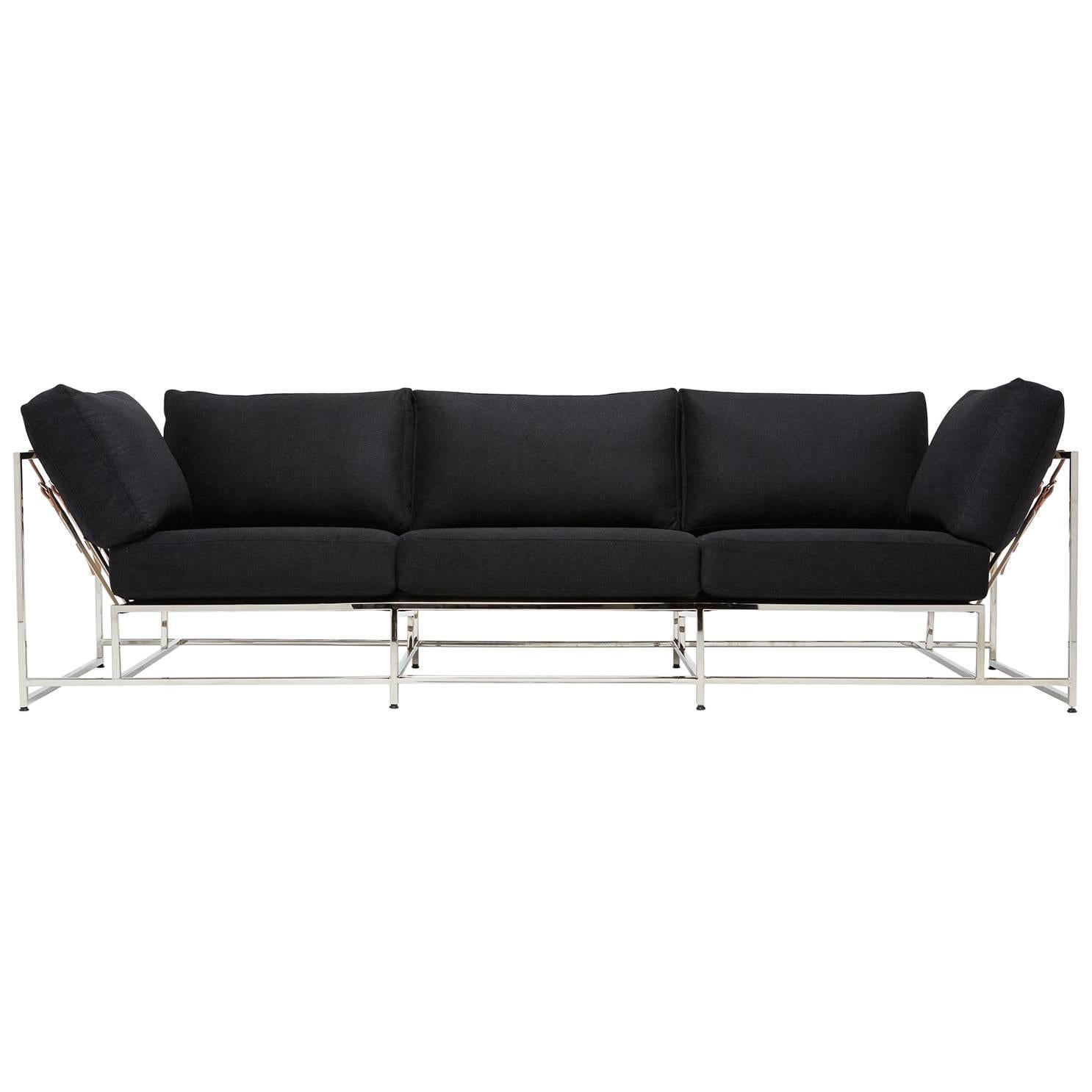 Black Wool and Polished Nickel Sofa For Sale