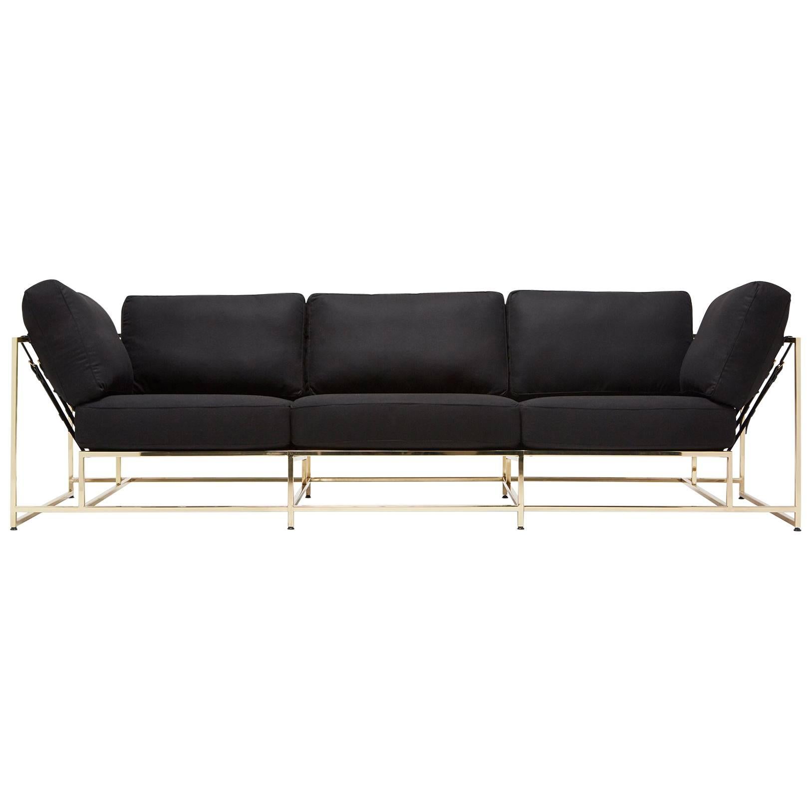 Black Wool and Polished Brass Sofa For Sale