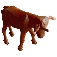 Vintage Folk Art Primitive Hand-Carved Bull