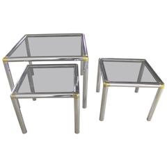 Tubular Chrome Brass and Smoke Glass Trio of Cocktail or End Table 4