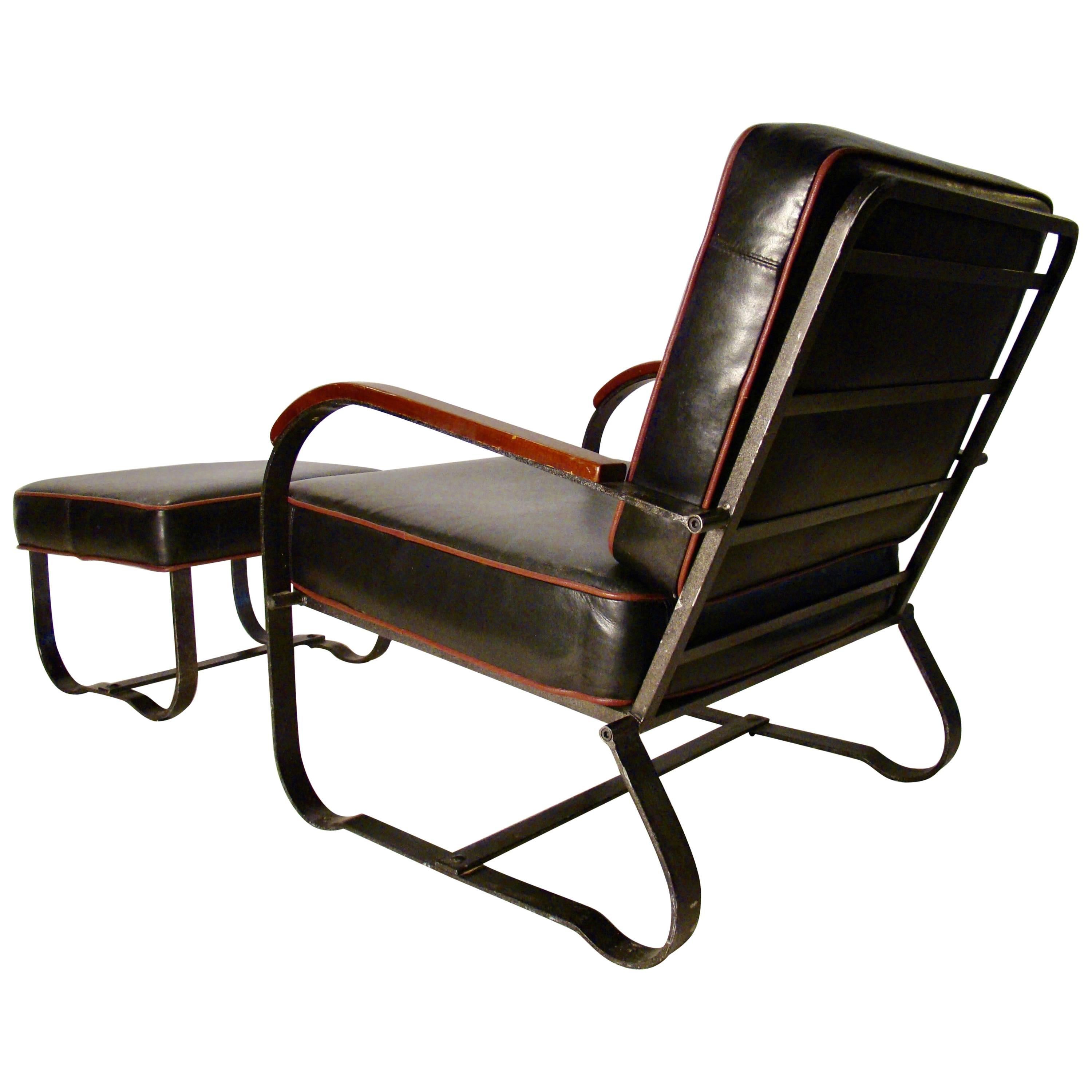 Elusive Art Deco Machine Age Steel Lounge Chair and Ottoman by McKay