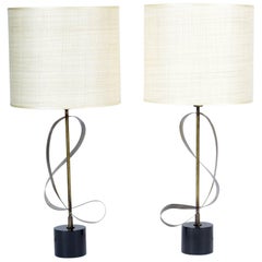 Pair of Italian Mid-20th Century Table Lamps Knurled Curved Brass
