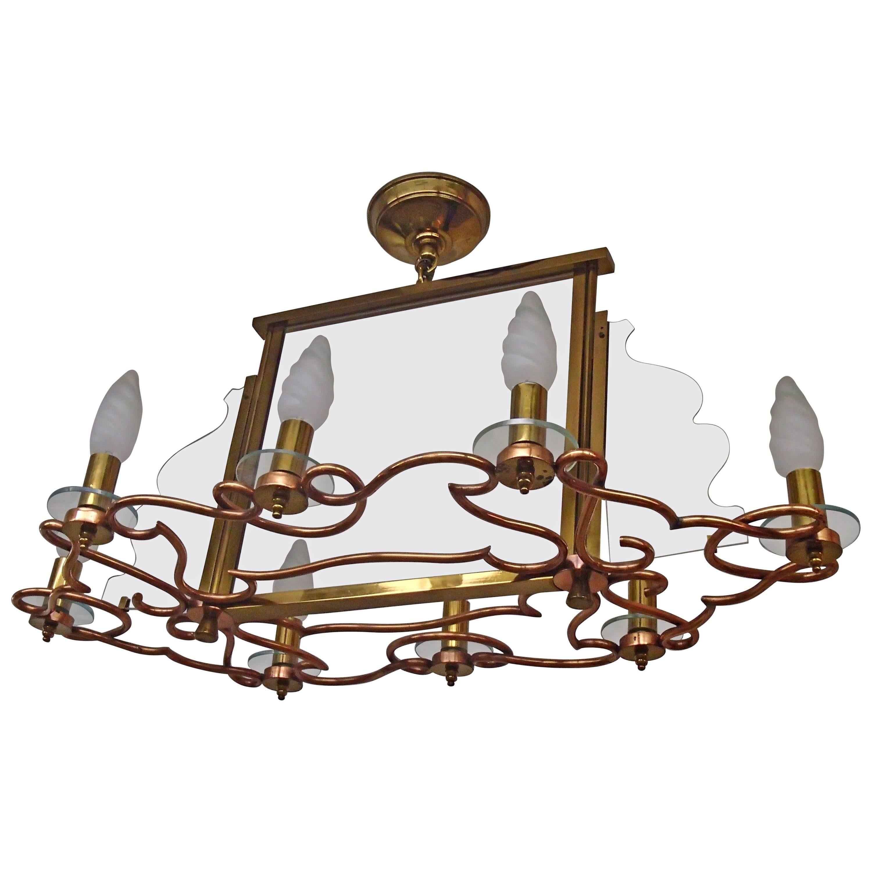 1940 Huge Decorative Copper Brass and Graved Glass Chandelier For Sale