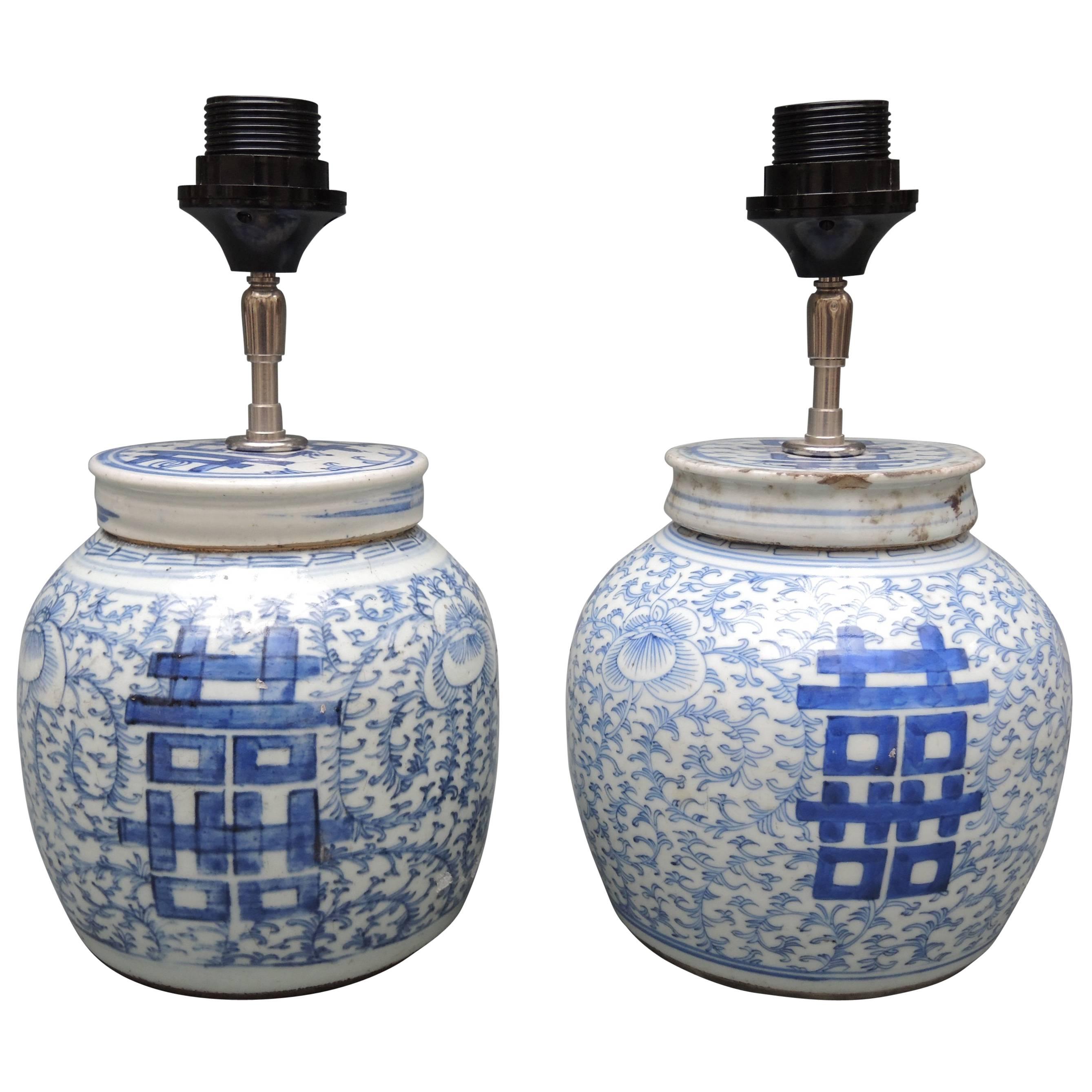 Pair of Antique Chinese Blue and White Porcelain Ginger Jar Lamps