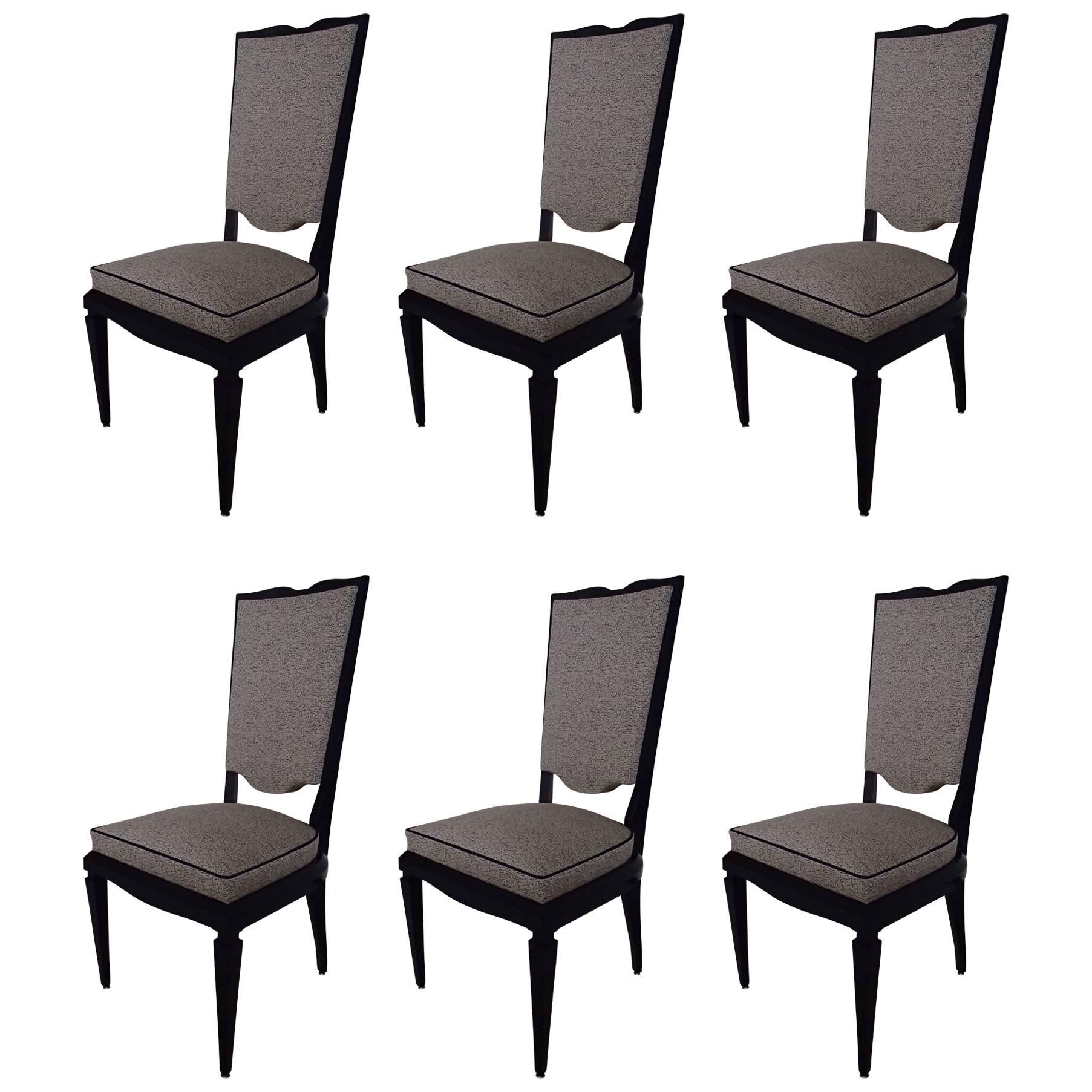 Six Black 1940 Dinning Room Chairs Covered with Black and White Fabric For Sale