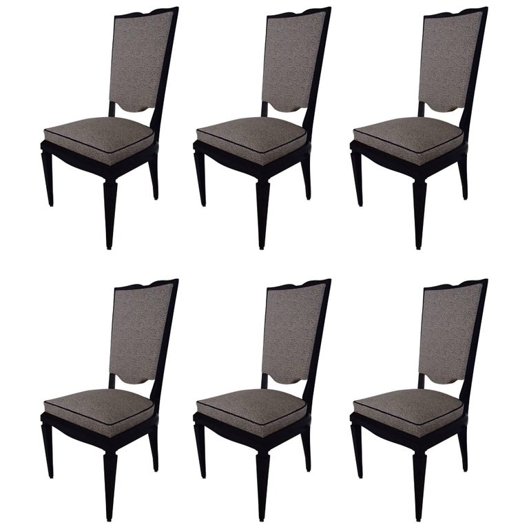 Six Black 1940 Dinning Room Chairs Covered with Black and White Fabric