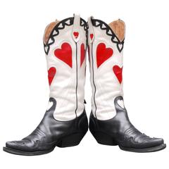 Pair of Vintage Leather Cowboy Boots Stitched and Inset with Red Heart Designs