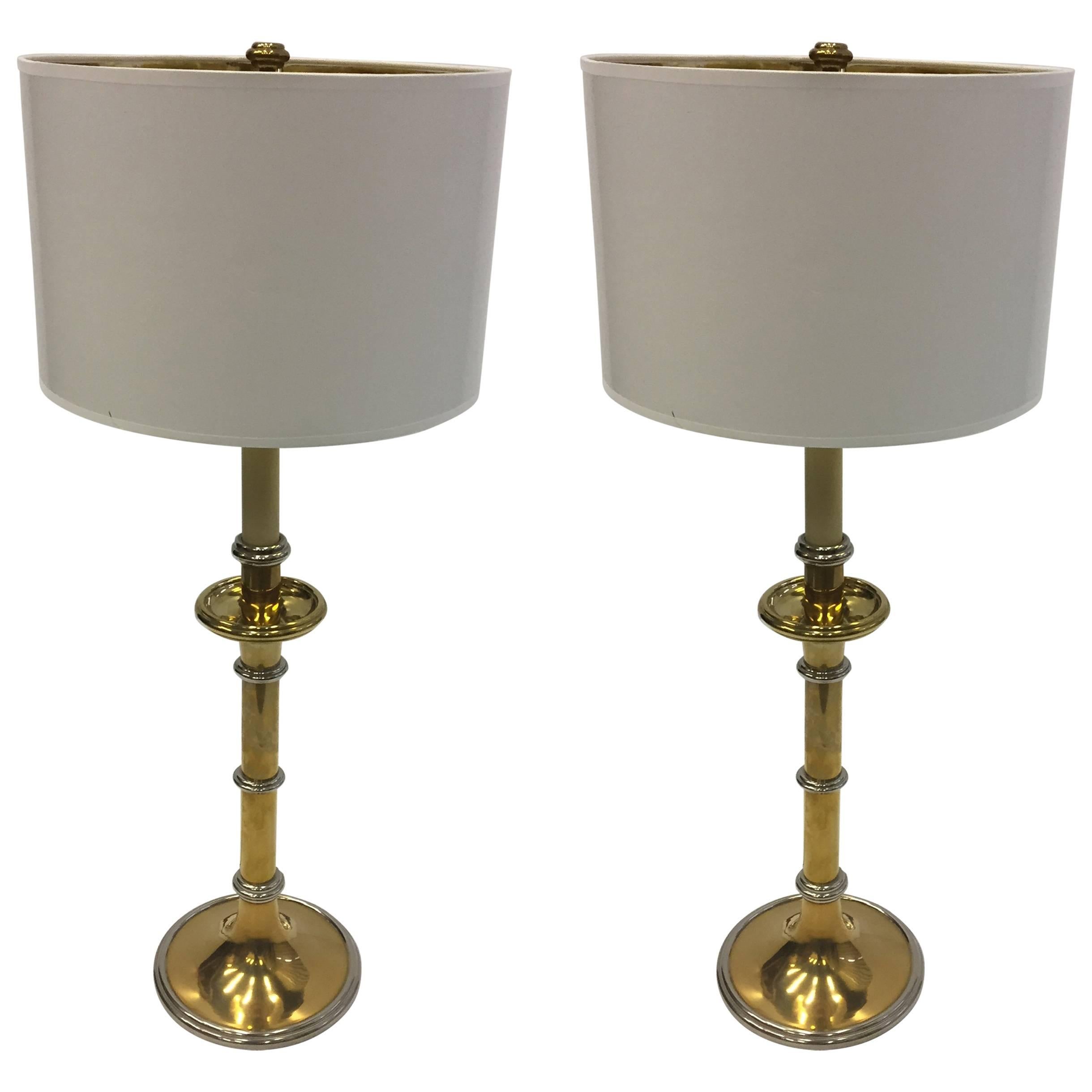 Pair of Elegant Brass and Chrome Table Lamps by Chapman