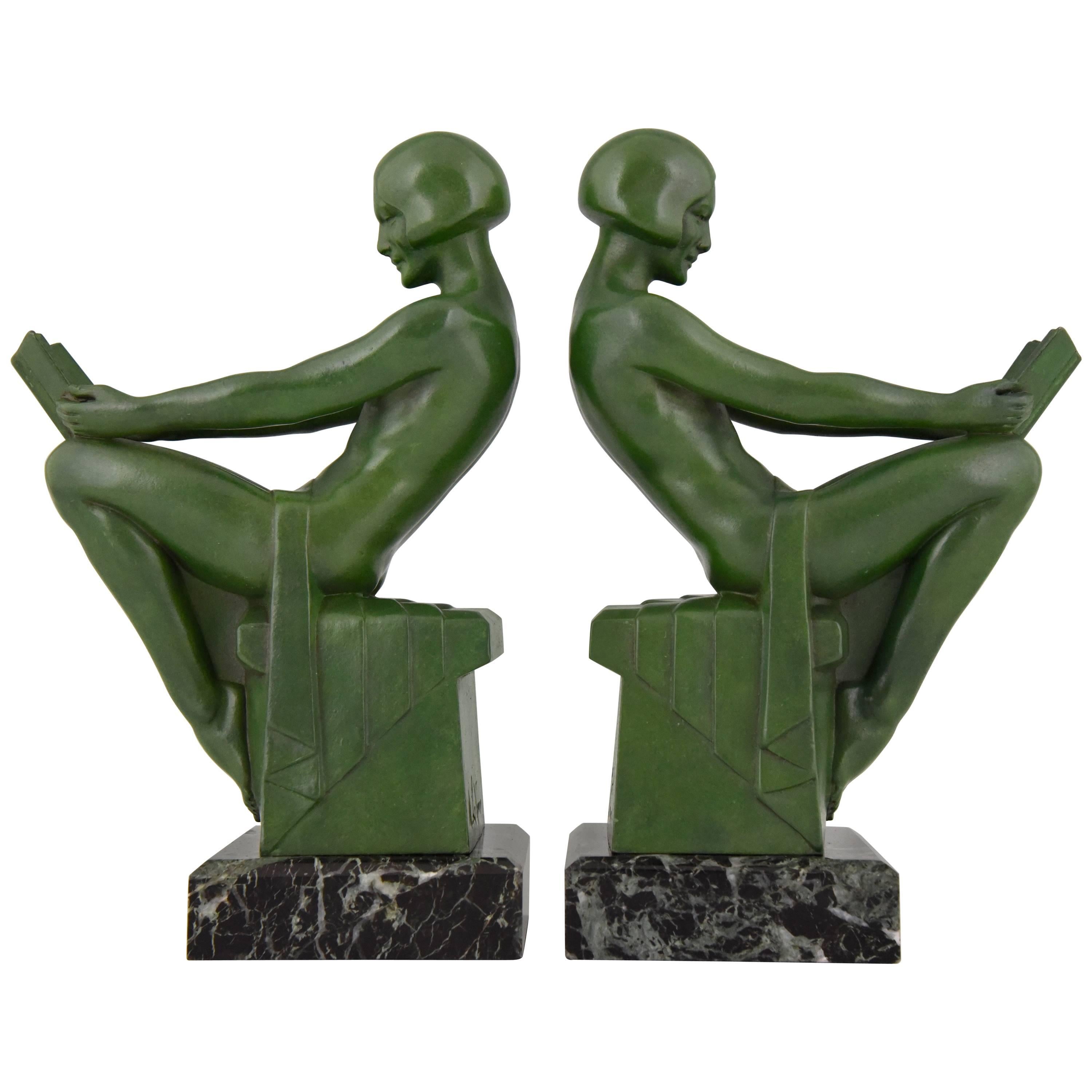 French Art Deco Bookends with Reading Nudes by Max Le Verrier, 1930