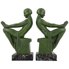 French Art Deco Bookends with Reading Nudes by Max Le Verrier, 1930