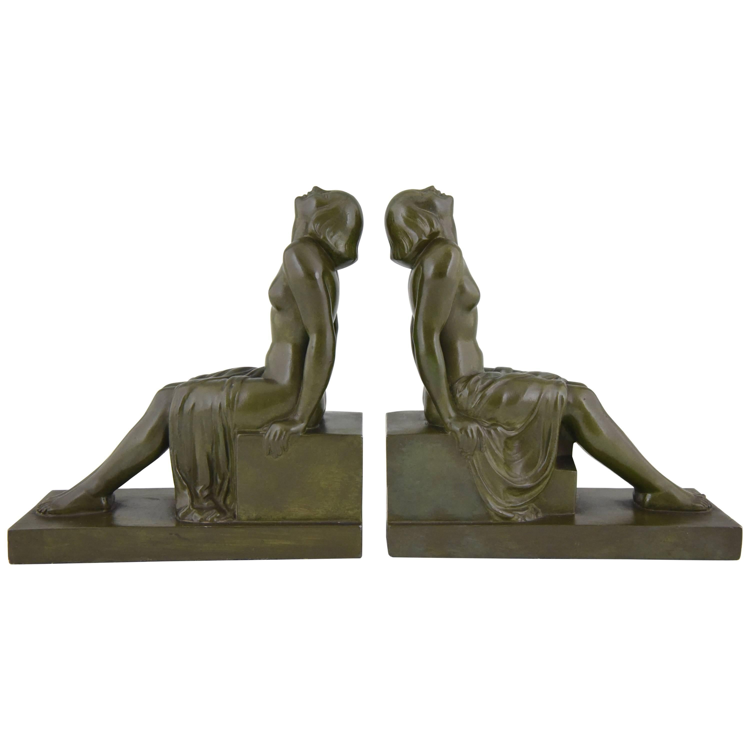 French Art Deco Bookends Sitting Nudes by Janle, 1930