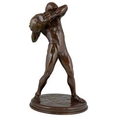 Antique Bronze Sculpture Male Nude Athlete by Paul Moye, 1923