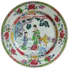 Chinese Porcelain Plate Famille-Rose Figures and Deer, Qing Yongzheng Ca 1730