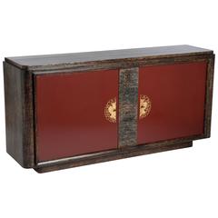 French Art Deco Sideboard, Oak Ceruse with Red Lacquered Front Doors 3