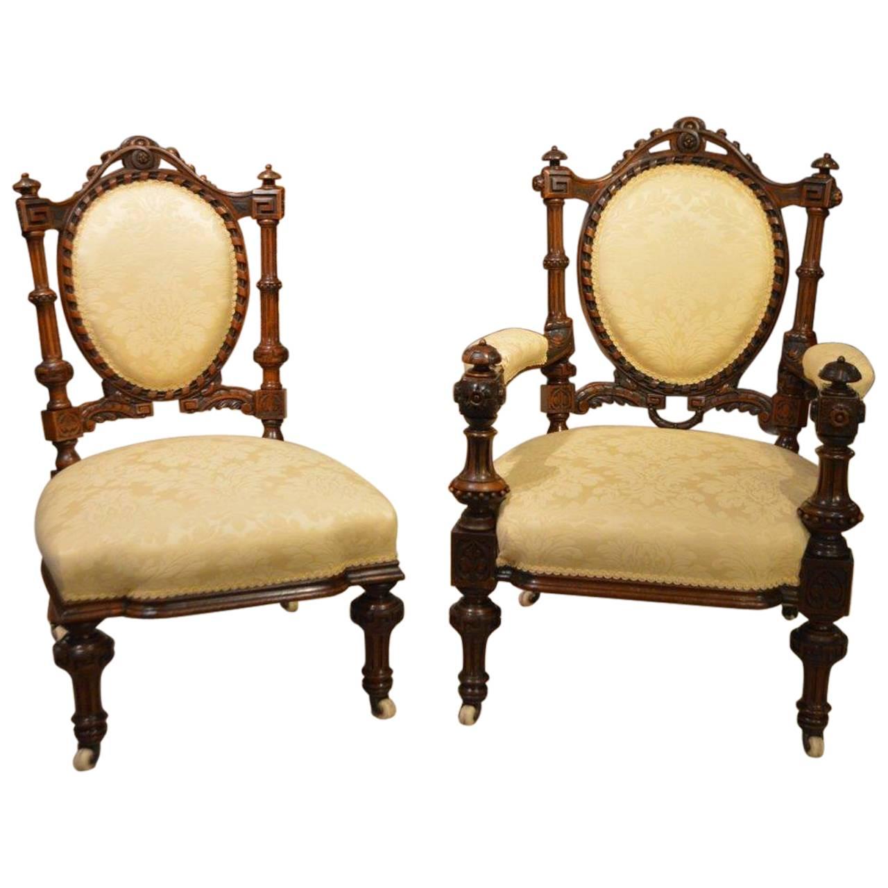 Stunning Quality Carved Walnut Victorian Period Ladies and Gents Chairs