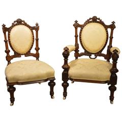 Stunning Quality Carved Walnut Victorian Period Ladies and Gents Chairs 9