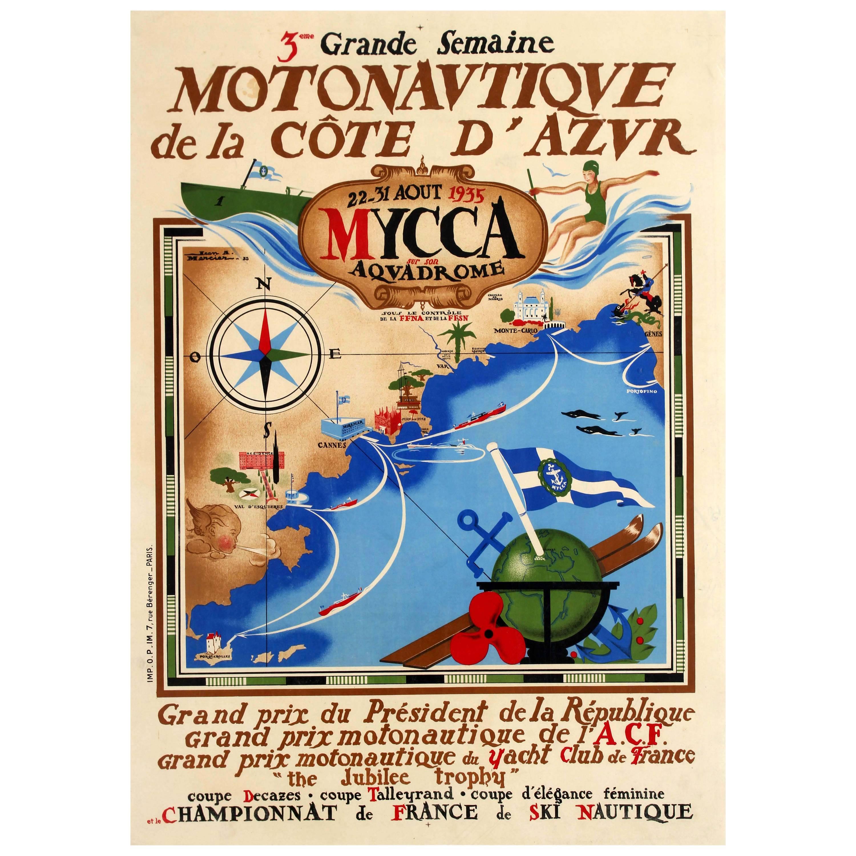 Original Vintage French Riviera Sport Poster, 3rd Powerboat Festival Cote d'Azur