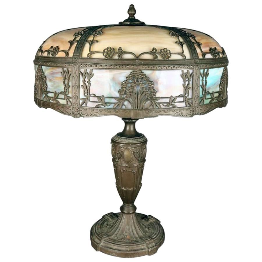Antique Art Nouveau Filigree Eight-Panel Two-Toned Slag Glass Lamp, circa 1910