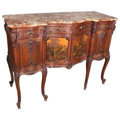 Antique 19th Century, Italian, Louis XV Style Walnut Marble Top Hand-Painted Sideboard