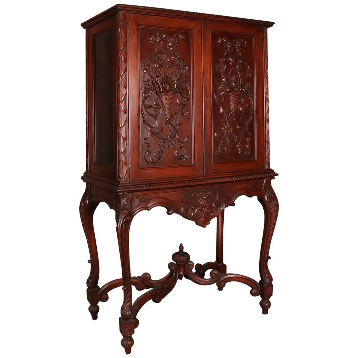 Antique French Louis XIV Style Carved Walnut Cupboard with Secretary, circa 1920