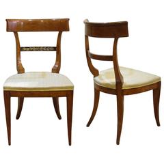 Italian Late-18th Century Pair of Upholstered Directoire Chairs in Solid Walnut