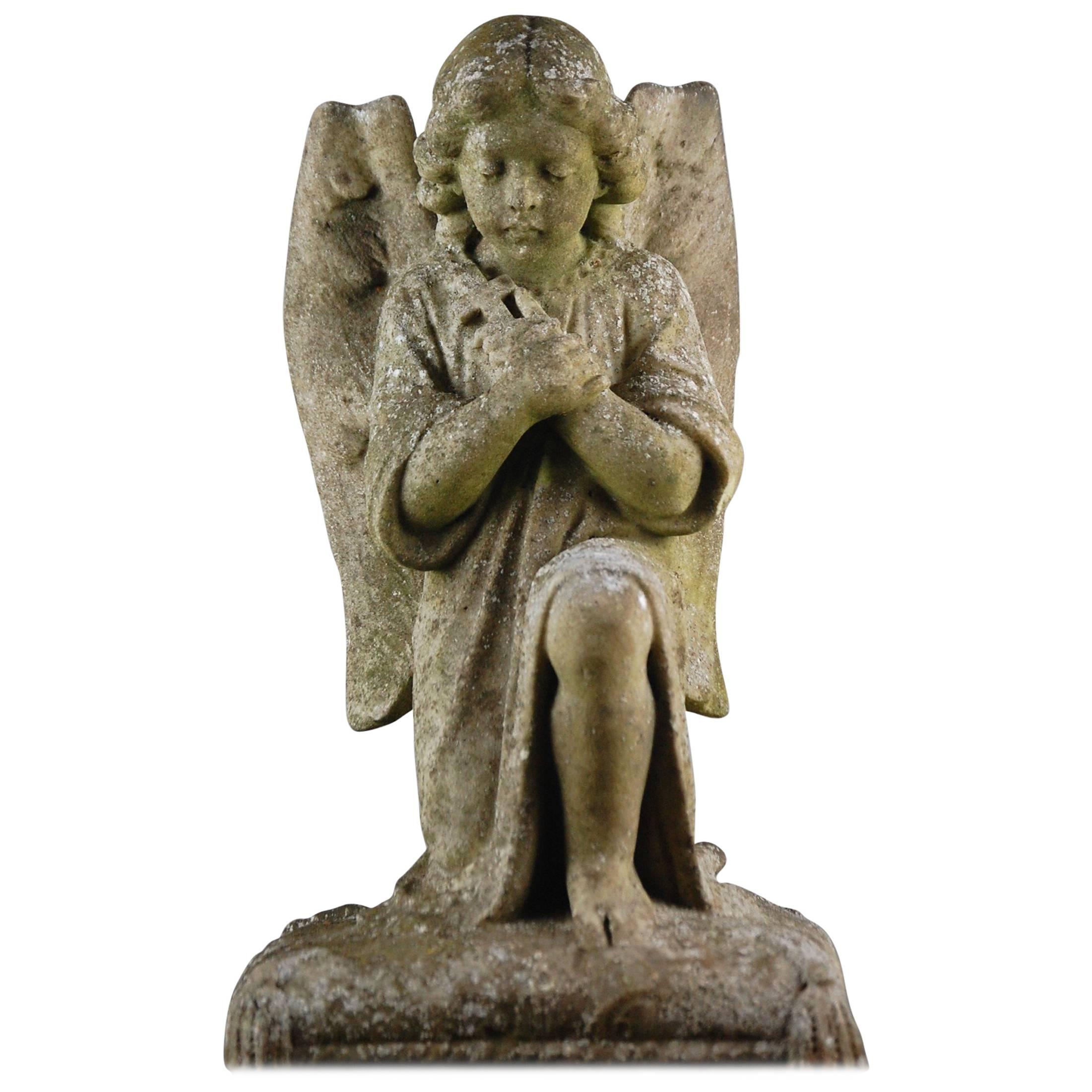 19th Century Weathered French Marble Angel in Prayer