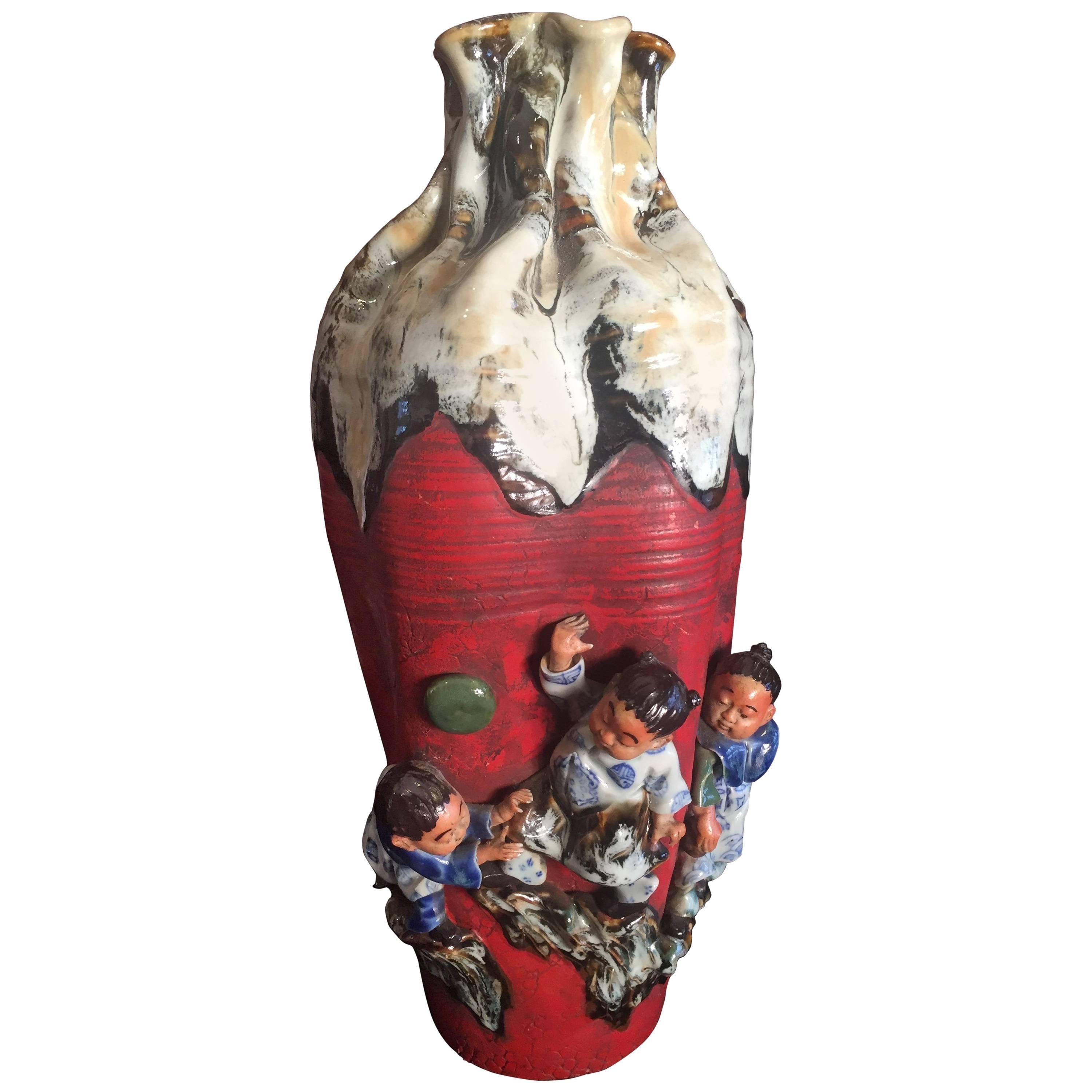 Children Playing Tall Hand-Painted Hand Glazed Vase, Signed