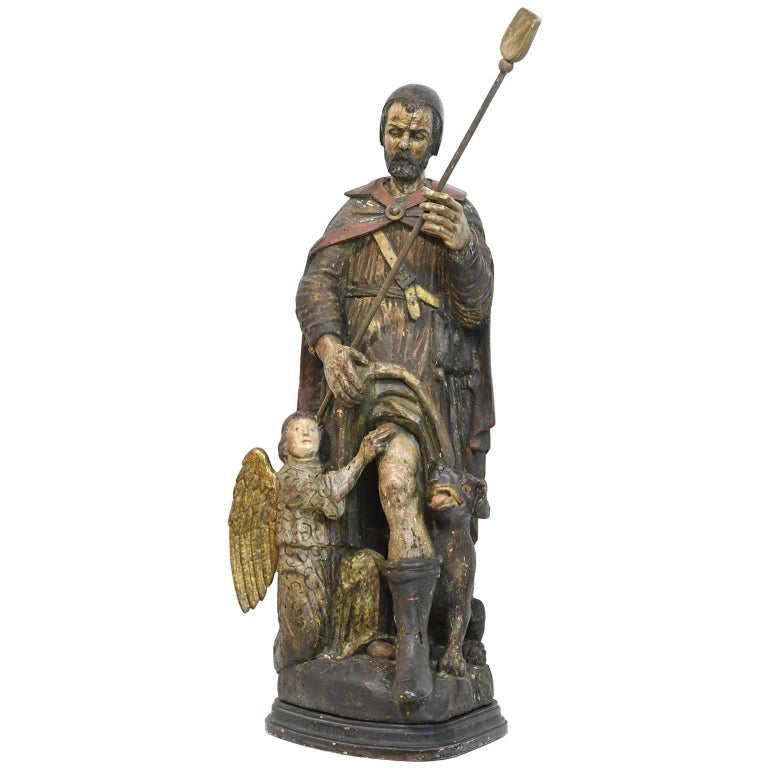 Early 18th Century Carved Polychromed Statue of Saint Roch with Dog and ...